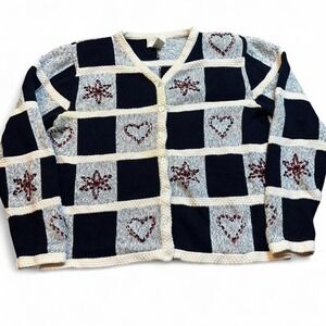 Vintage knitted hand embroidered cottage core hearts and stars cardigan sz large